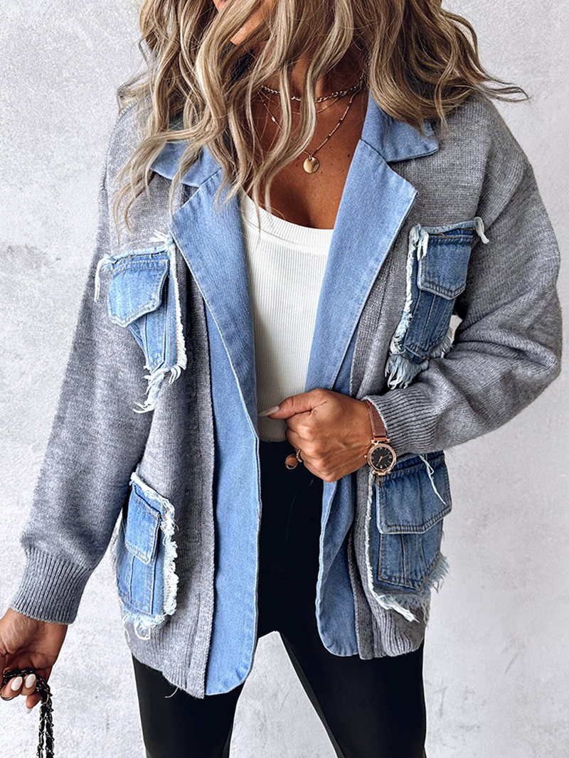 Casual knitted patchwork denim jacket