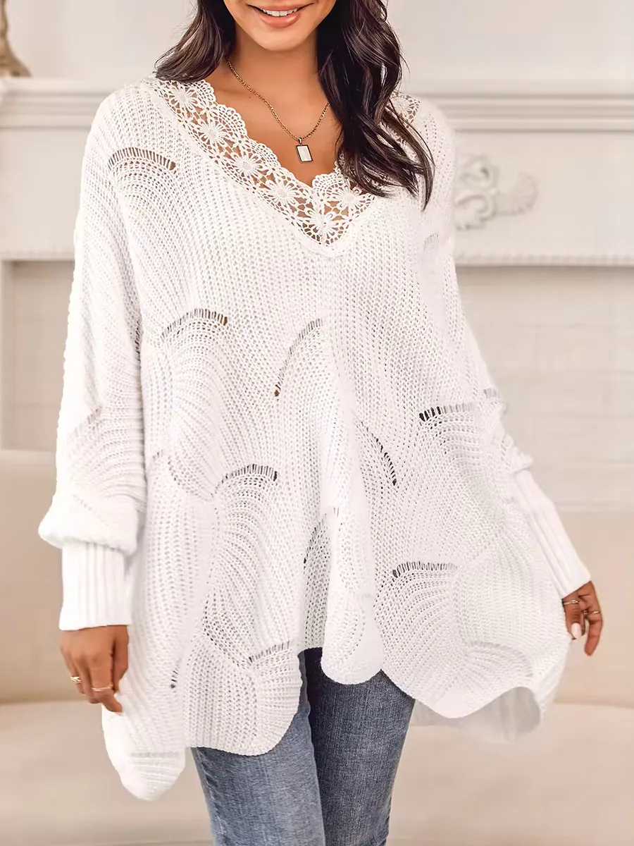 Floral lace pointelle-knit scalloped sweater