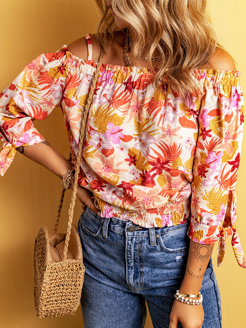 FLORAL KNOT PLEATED SHIRRED OFF THE SHOULDER SHEATH CASUAL BLOUSE