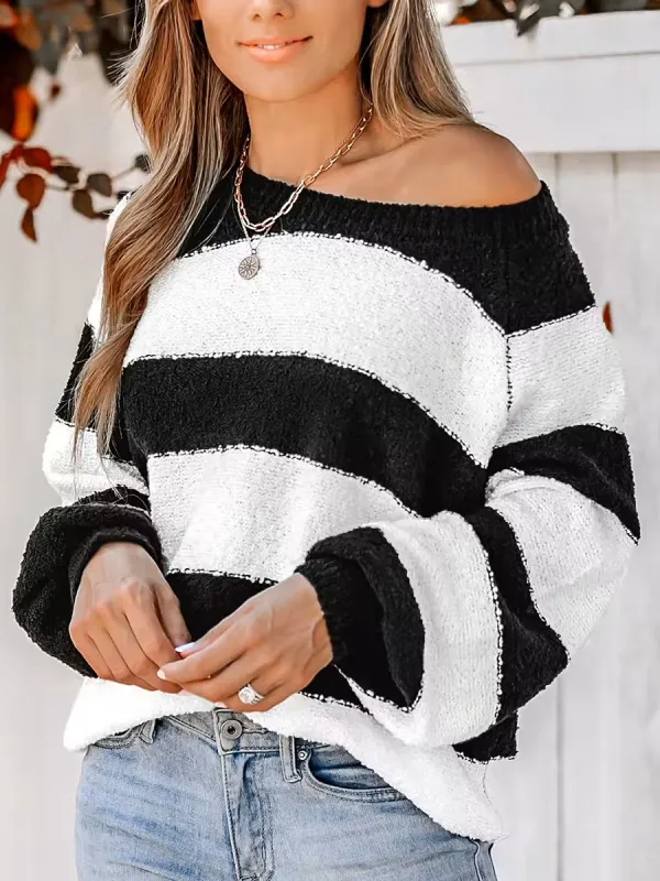 Women's Striped One Shoulder Plush Knitted Sweater