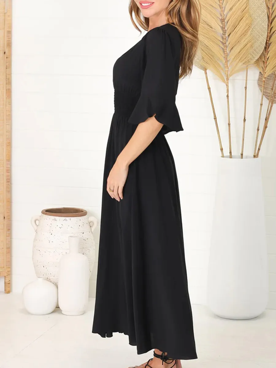 Black V-neck waist boho simple dress