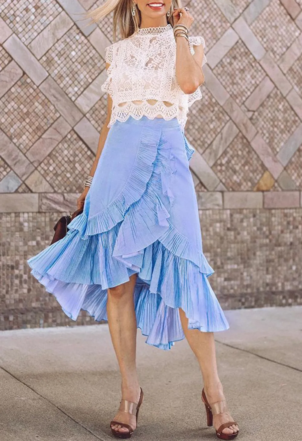 APPLAUSE OF RUFFLE TIERED FRILL HEM SKIRT IN BLUE STRIPES