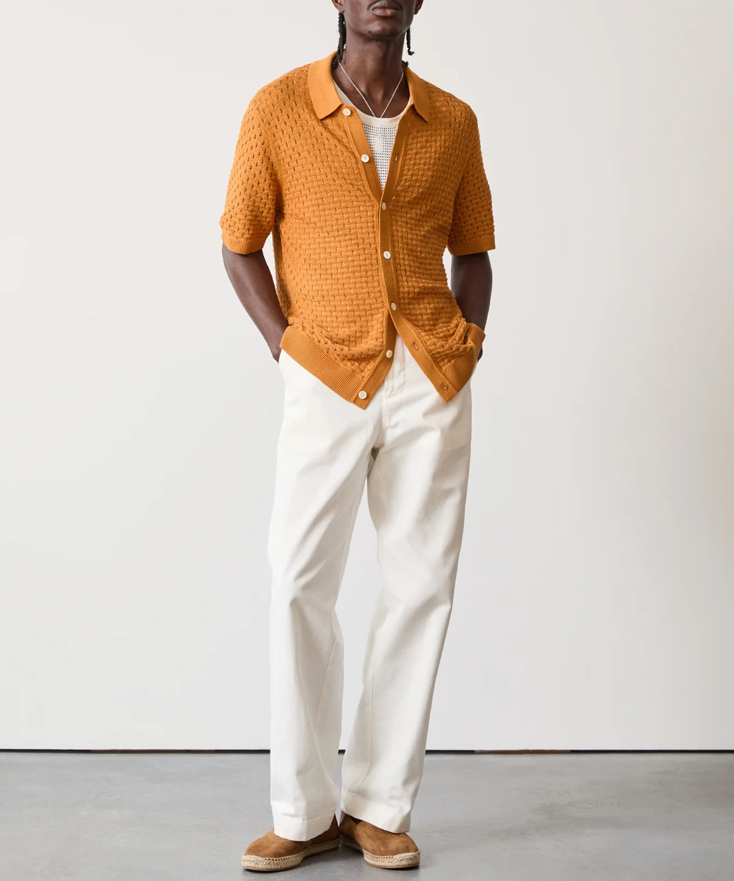 OPEN-STITCH FULL-PLACKET POLO IN APRICOT RUSH