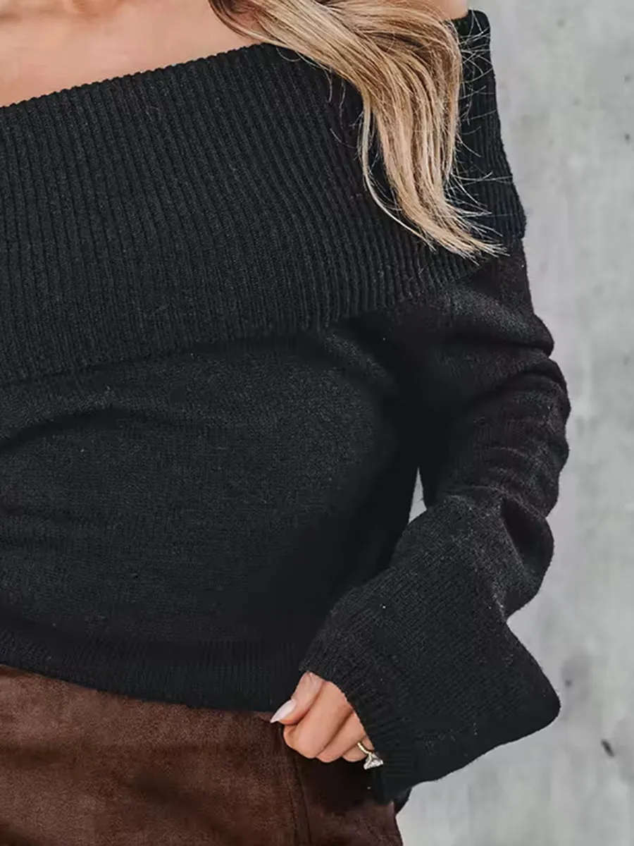 Women's black folded off-shoulder sweater