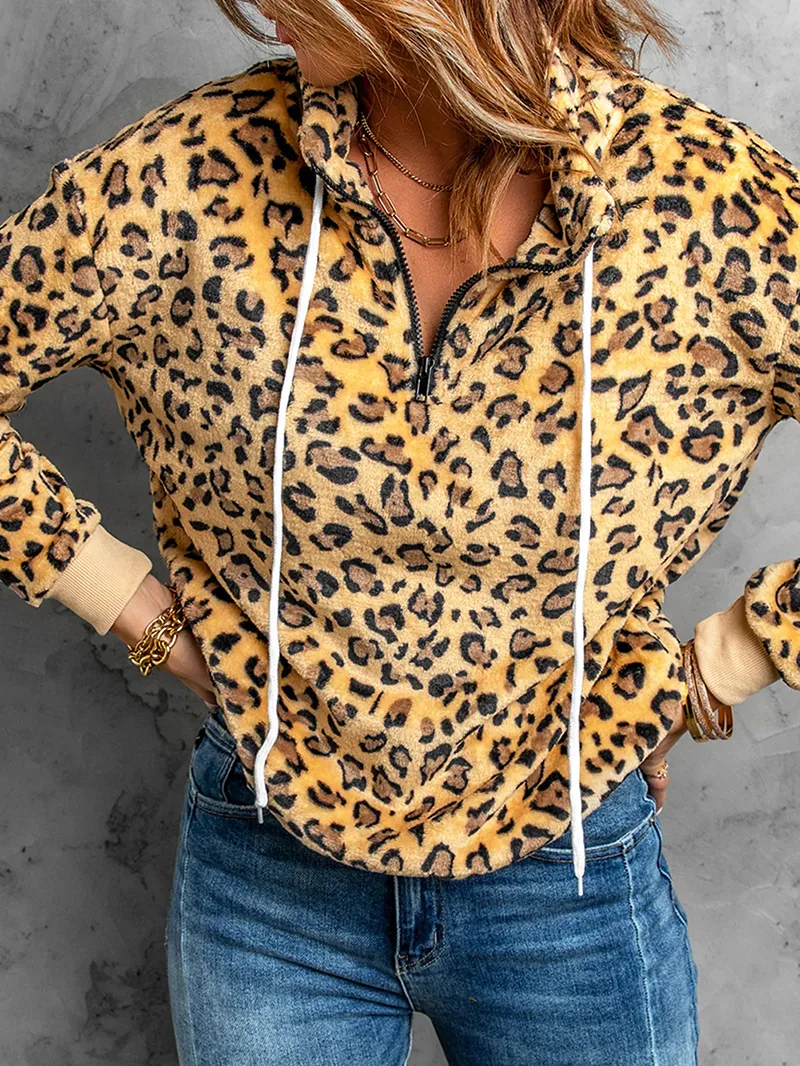 Women's leopard print drawstring long sleeve sweatshirt