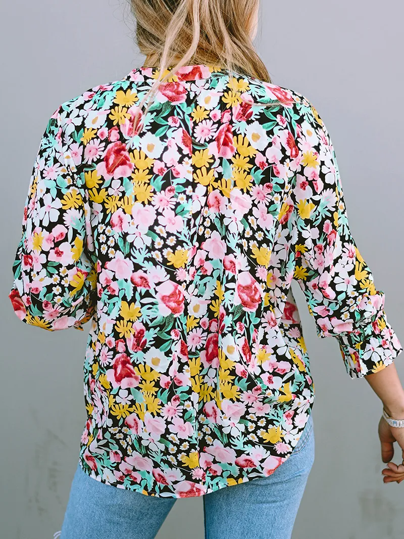 FLORAL NOTCHED V-NECK PUFF SLEEVE BLOUSE