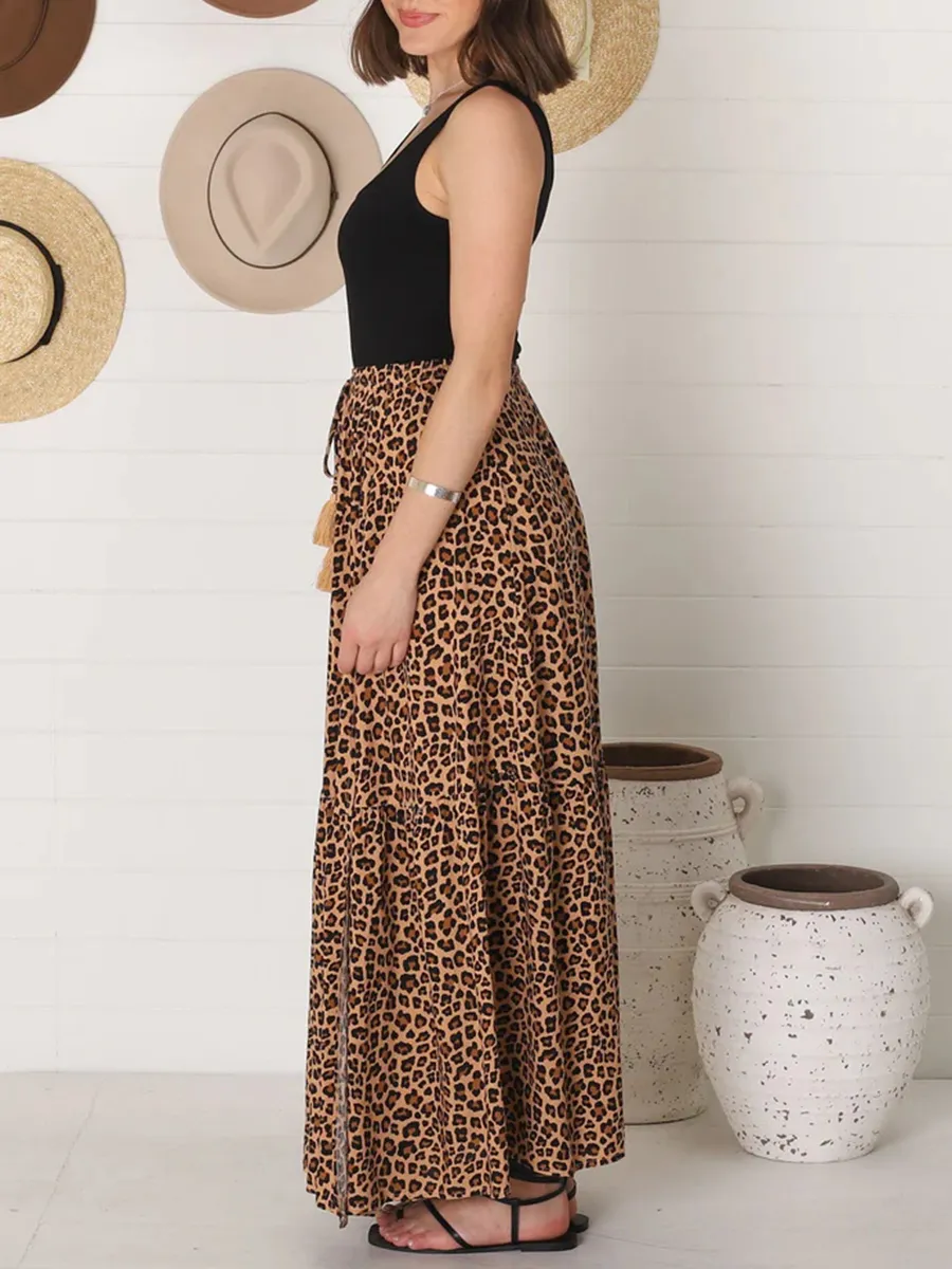 Bohemian high-waisted leopard print split half skirt