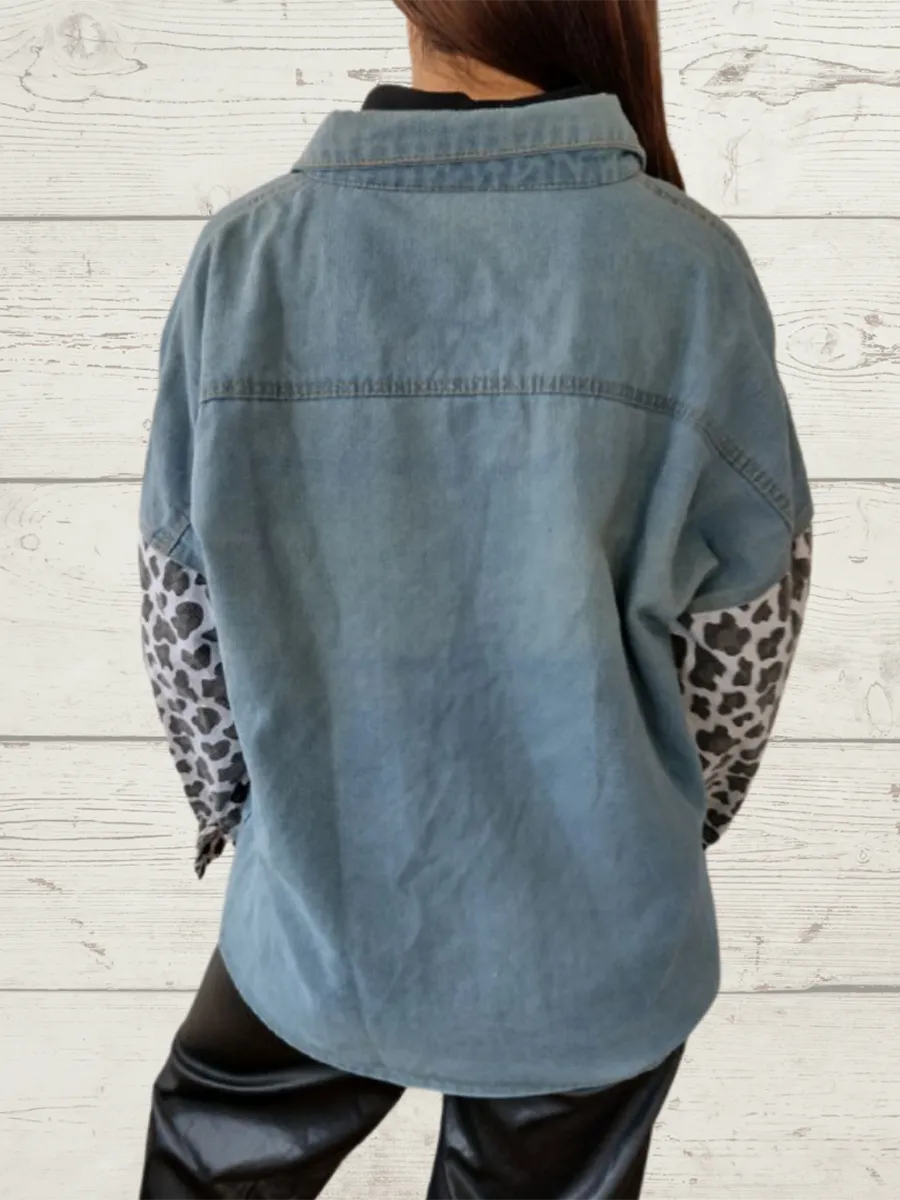 Women's Casual Elegant Leopard Denim Jacket