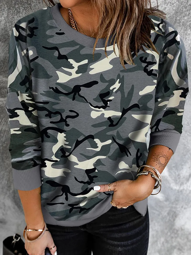 Casual camouflage print crew neck sweatshirt