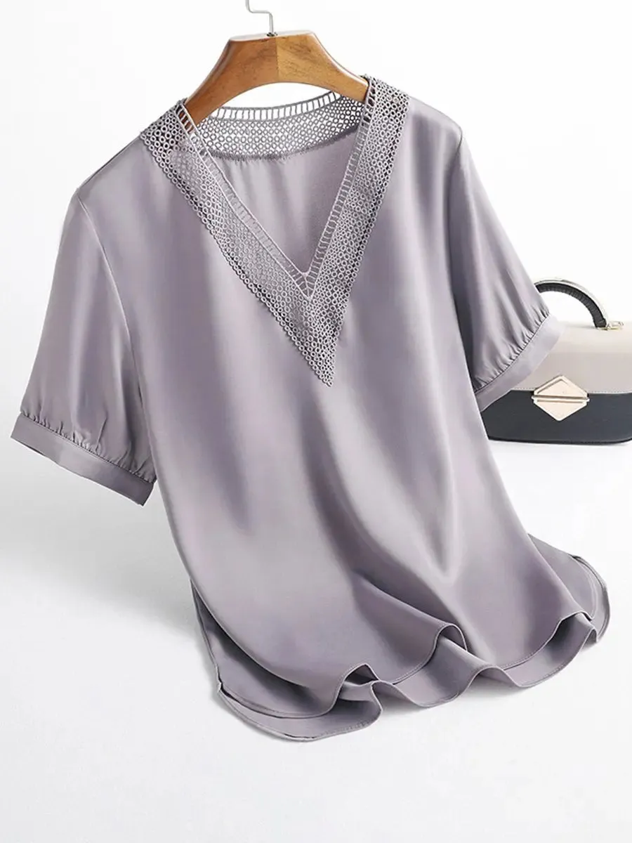 Women's elegant shirt with grey V-neck lace patchwork