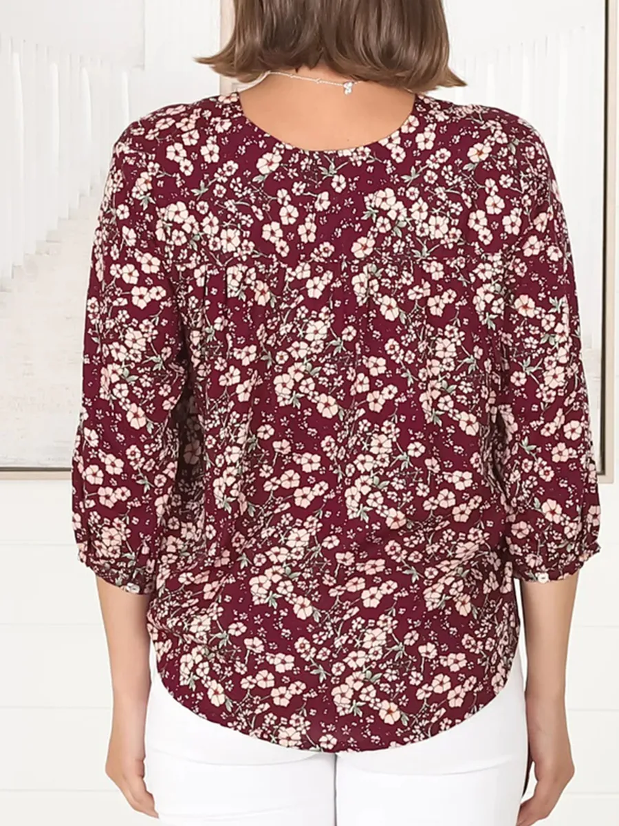Burgundy short sleeve Bohemian floral shirt