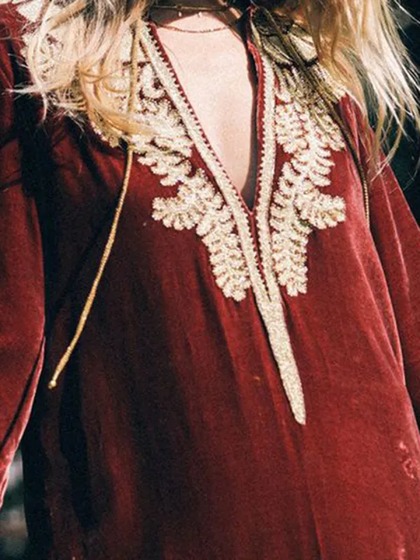 Women's vintage embroidered long sleeve velvet dress
