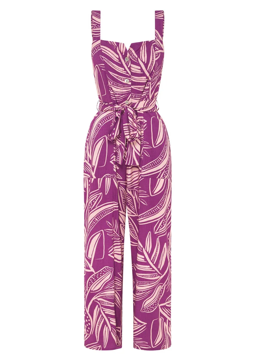 Women's purple floral print holiday loose wide-leg jumpsuits