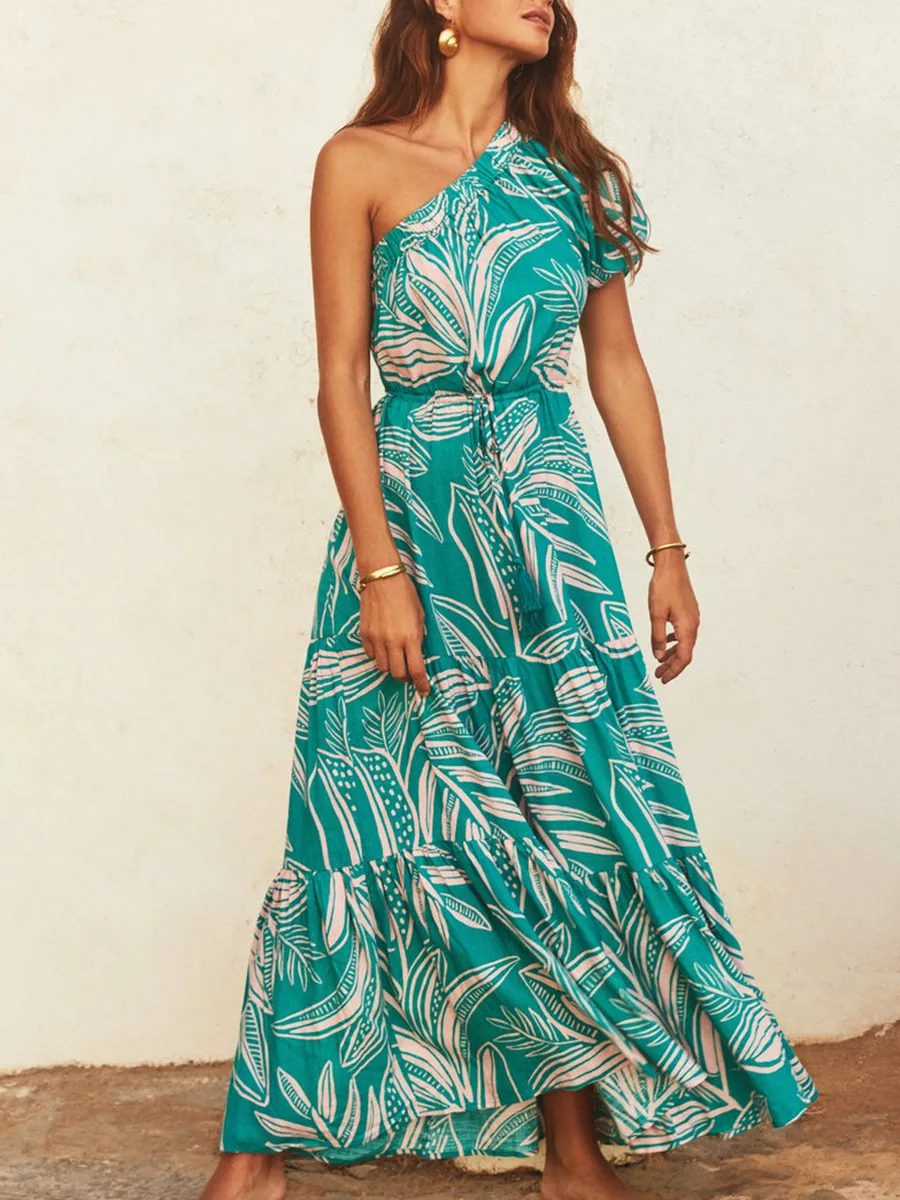 Women's one-shoulder asymmetrical printed holiday dress