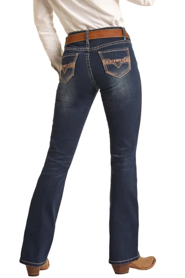 Women's mid-waist pocket line design details denim pants