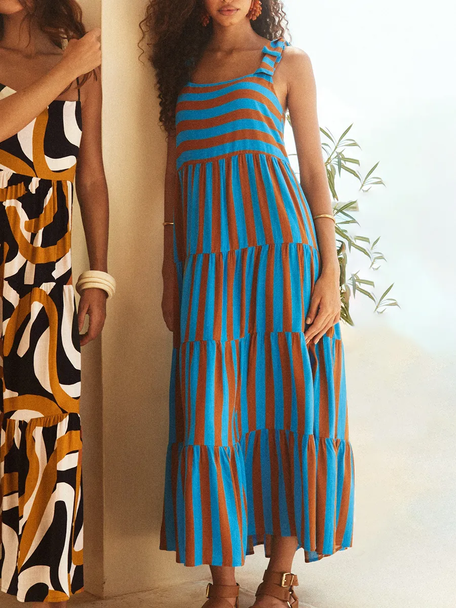 Women's printed holiday dress with straps and stripes
