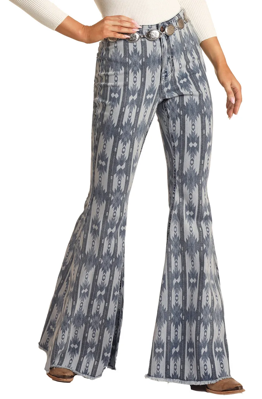 Women's vintage geometric print denim pants flared pants