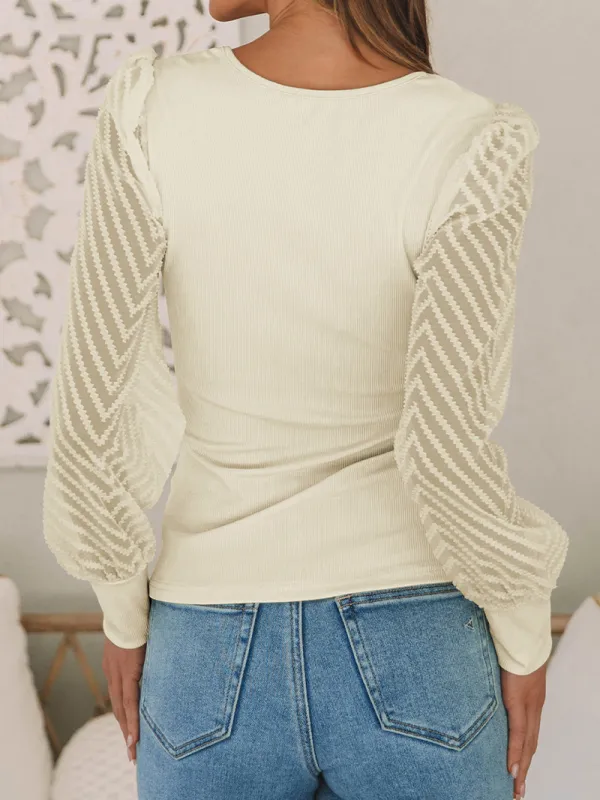 U-neck knitted patchwork transparent mesh casual top