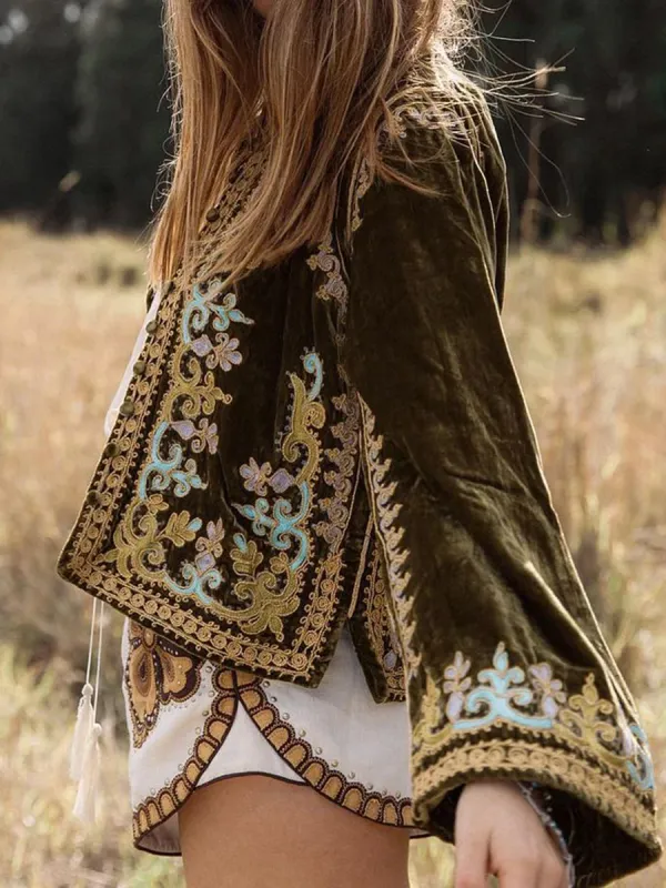 Women's Embroidered Velvet Long Sleeve Cardigan