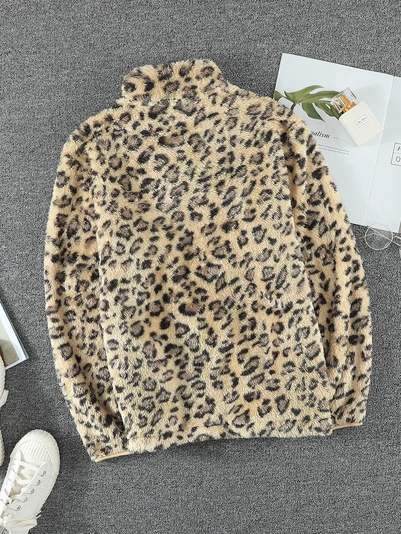 casual leopard print zipper sweatshirt