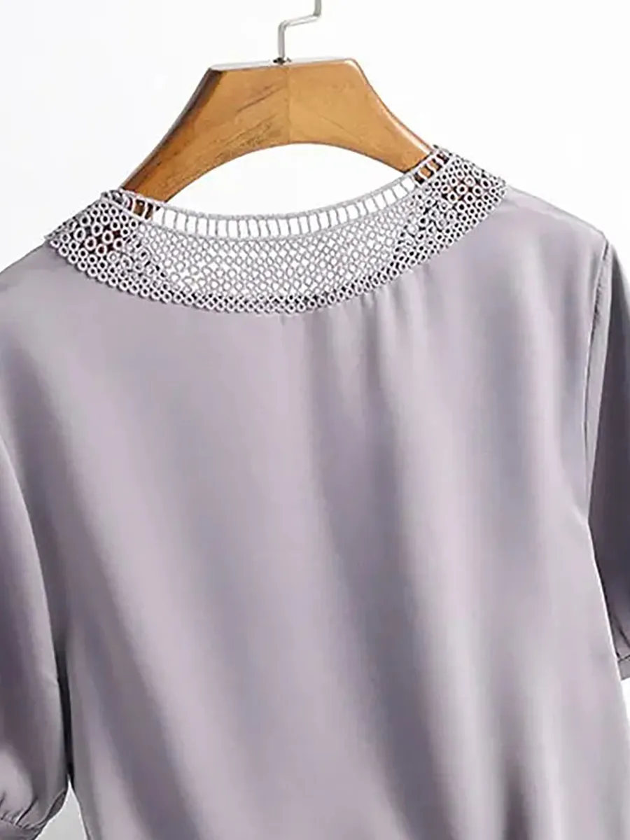 Women's elegant shirt with grey V-neck lace patchwork
