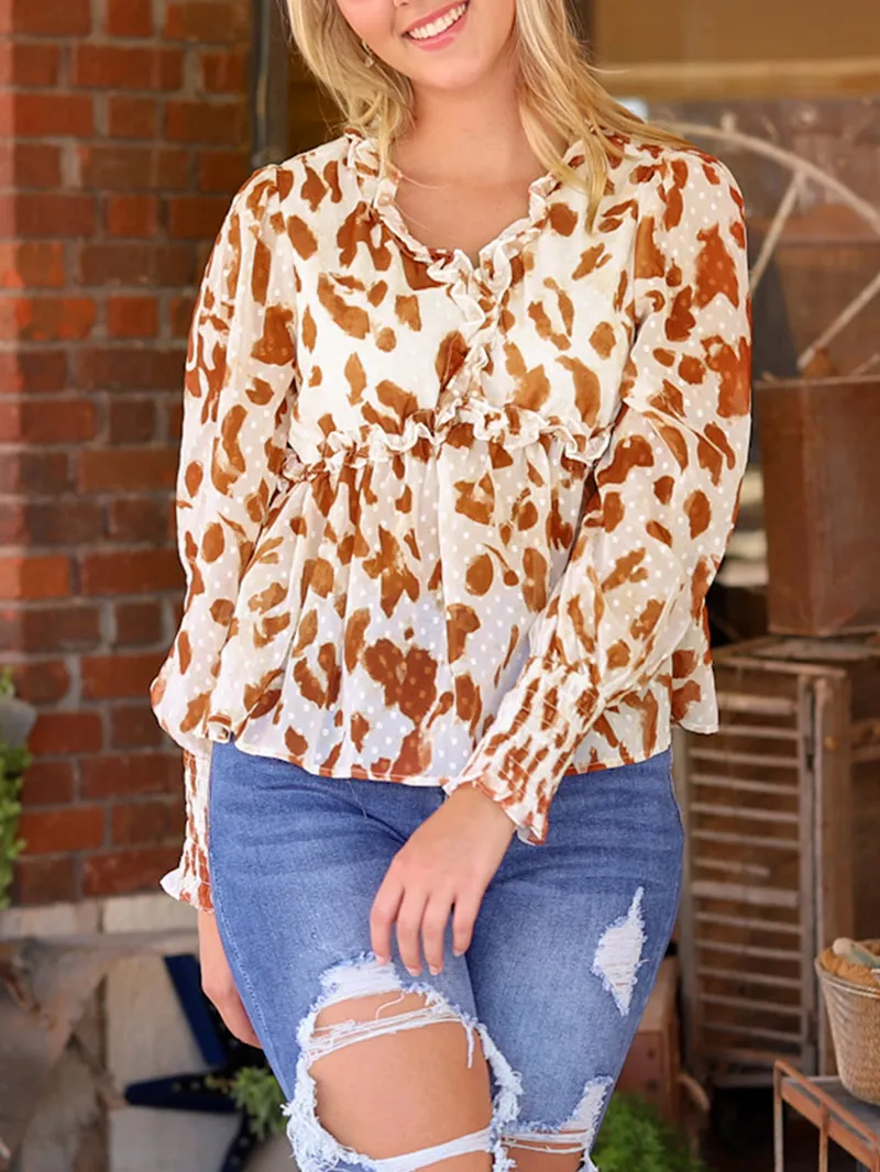 Leopard embellished V-neck ruffled casual shirt