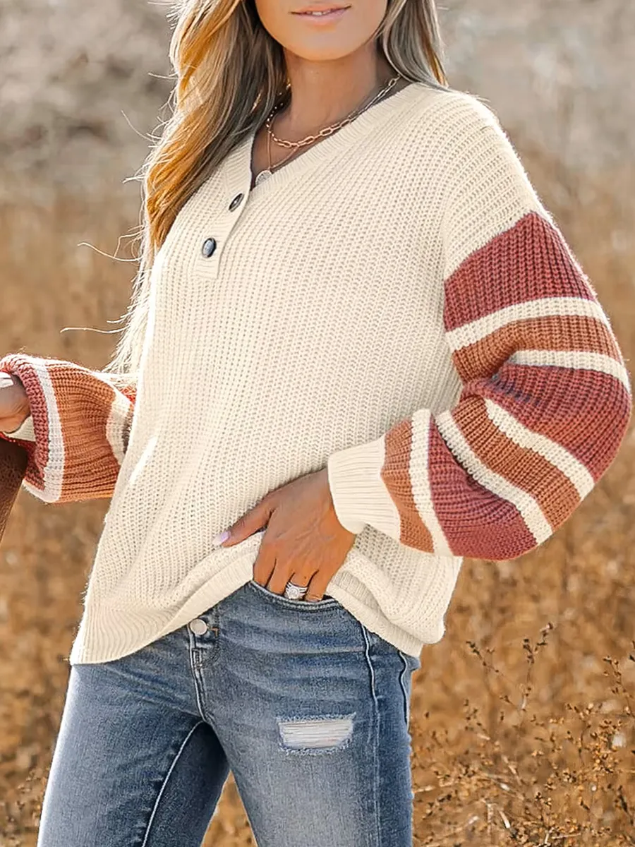 V-neck button-down striped sweater
