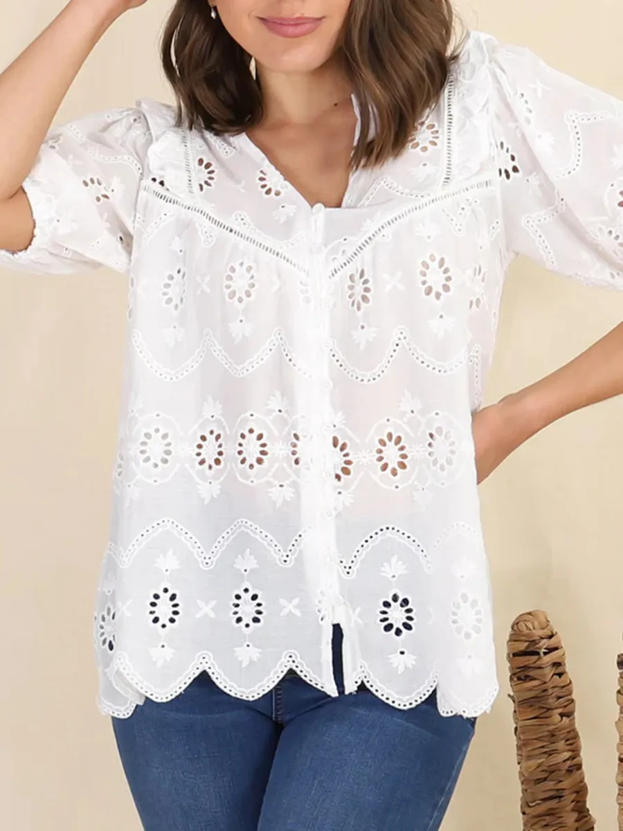 Short sleeve Bohemian embroidered cut-out blouse