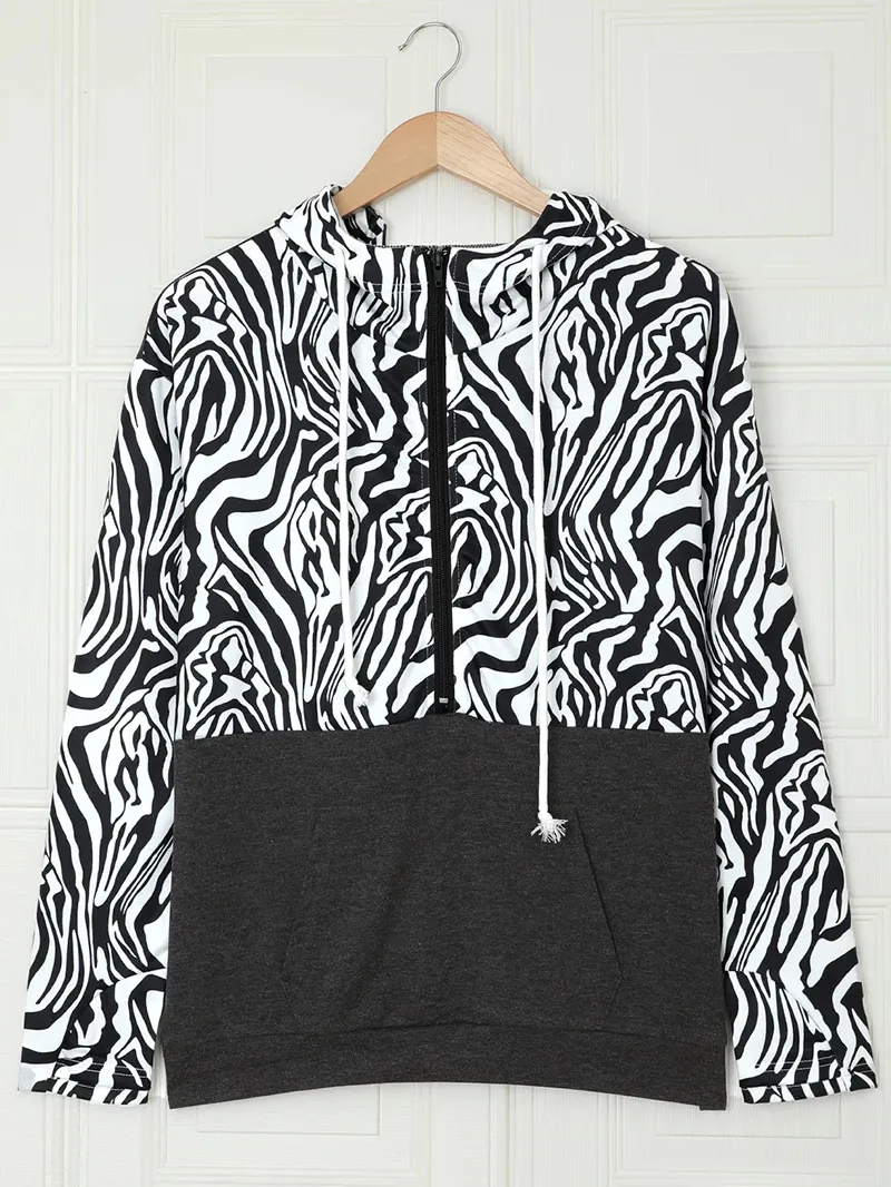 Casual zebra print patchwork zipper sweatshirt