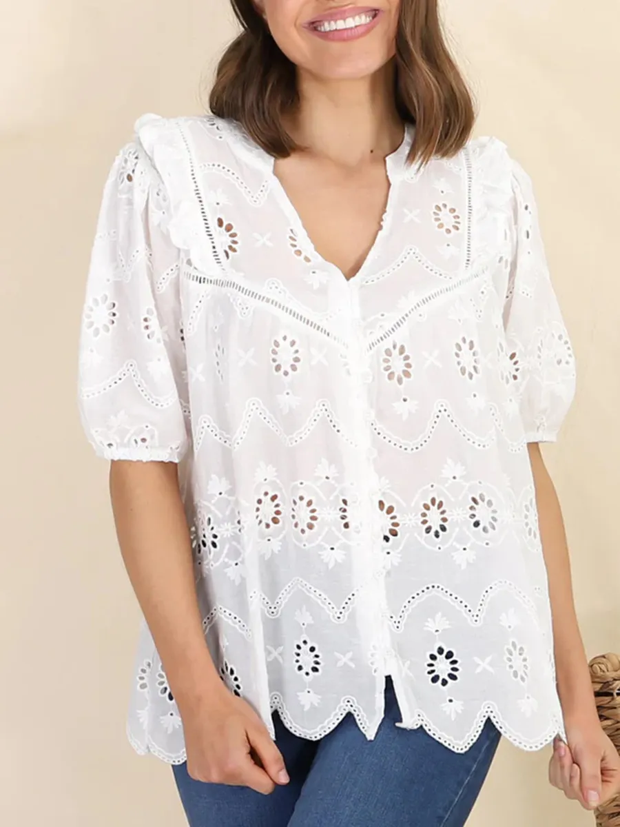 Short sleeve Bohemian embroidered cut-out blouse
