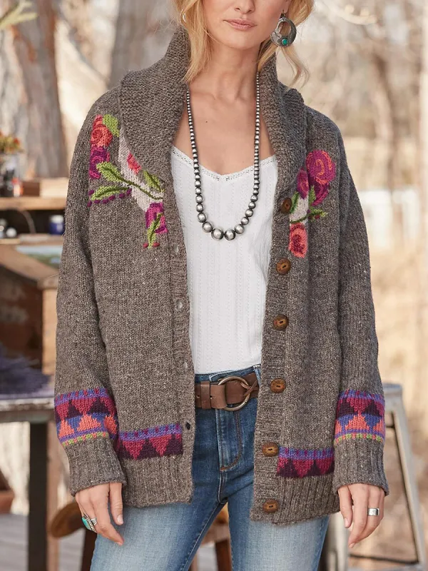 Retro floral embroidered lapel knitted cardigan
