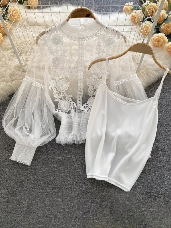 Women's elegant white lace shirt with lantern sleeves
