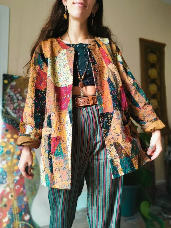 Women's casual patchwork printed long sleeve jacket