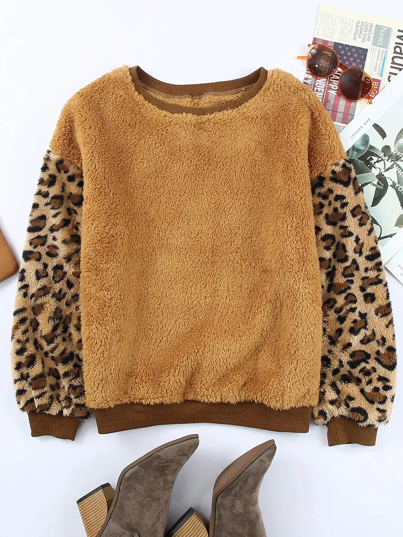 Casual leopard print patchwork plush sweatshirt