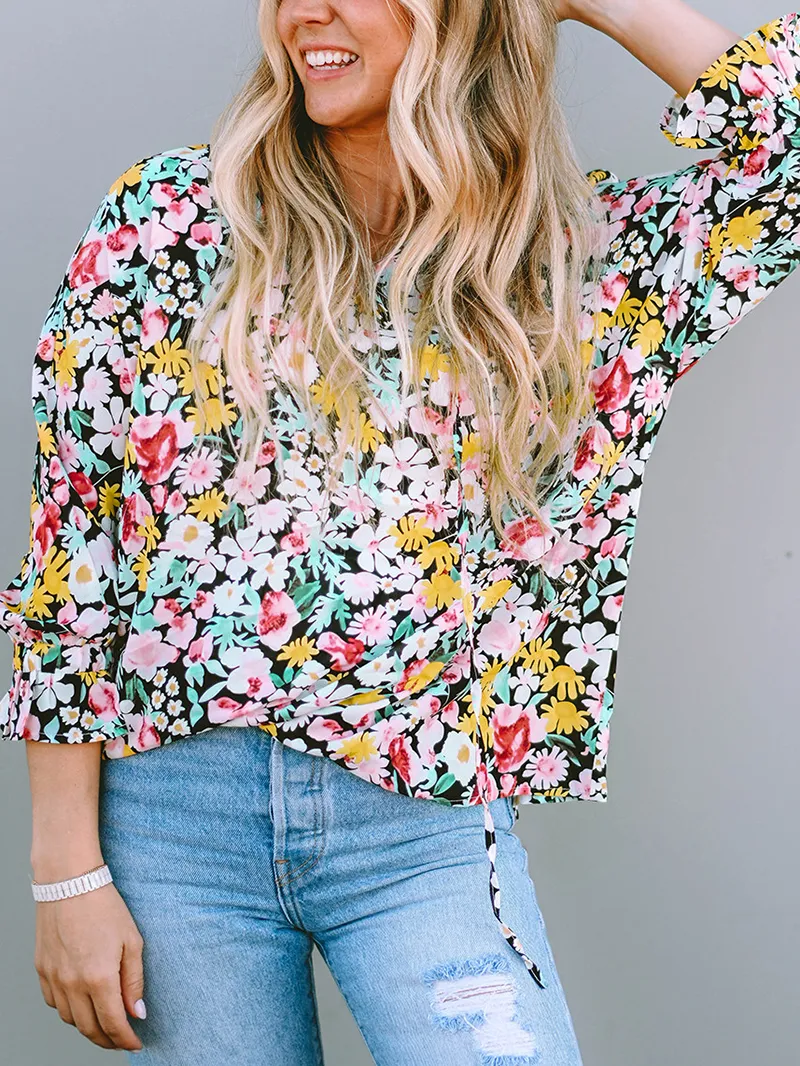 FLORAL NOTCHED V-NECK PUFF SLEEVE BLOUSE
