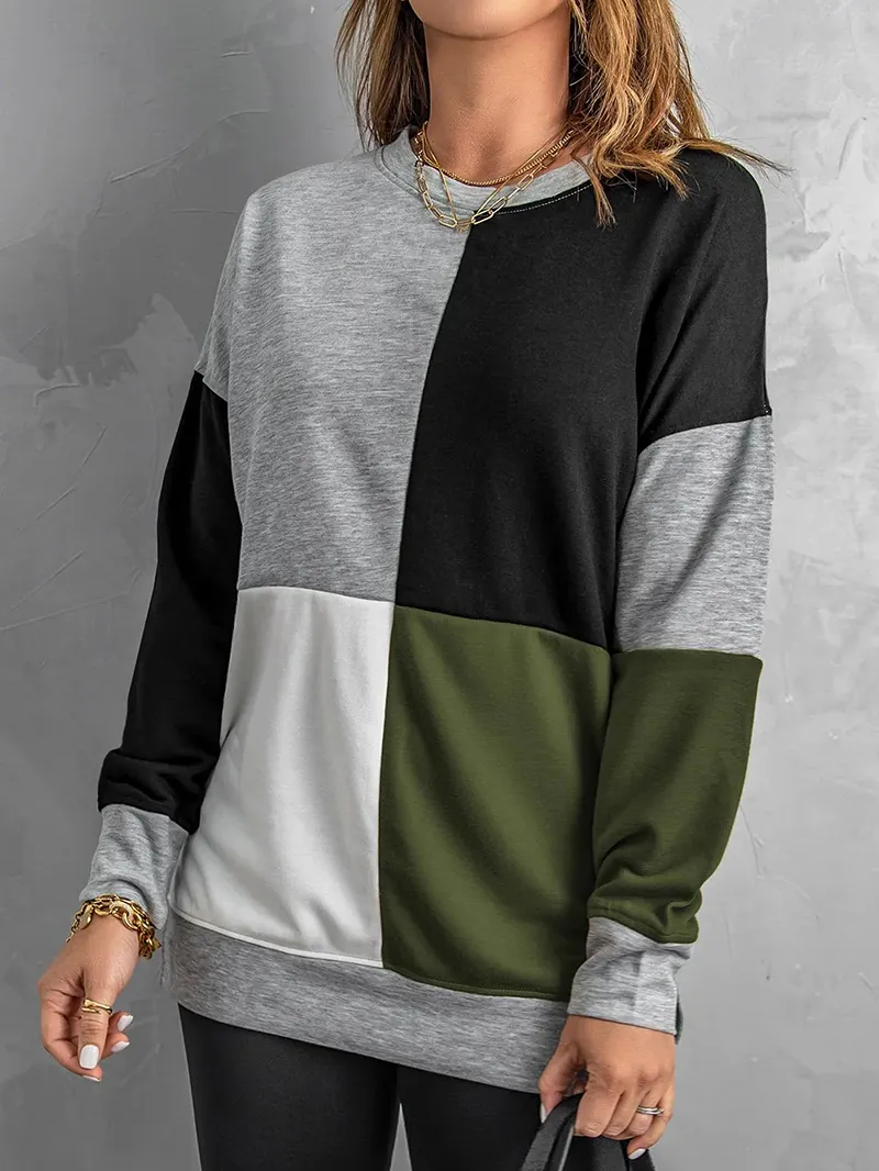 Women's versatile color block crew neck sweatshirt