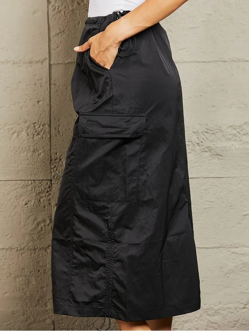 Women's High Waisted Cargo Midi Skirt in Black