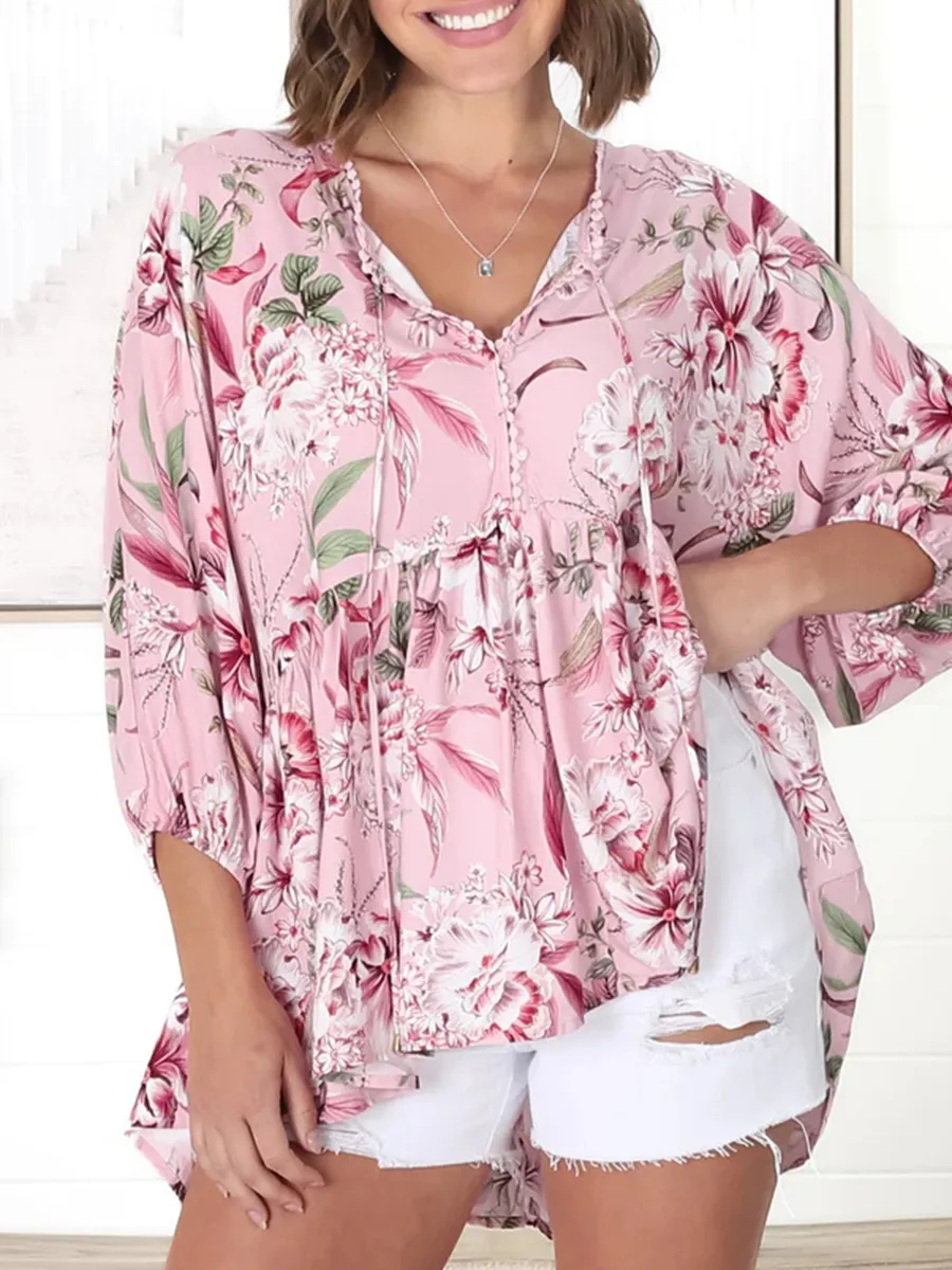 Pink Bohemian V-neck printed shirt