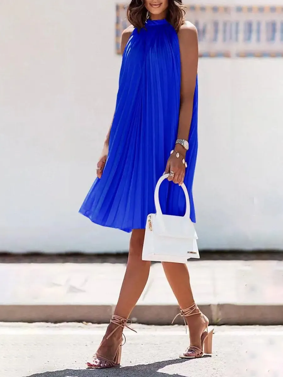 Women's blue elegant halter-neck pleated dress