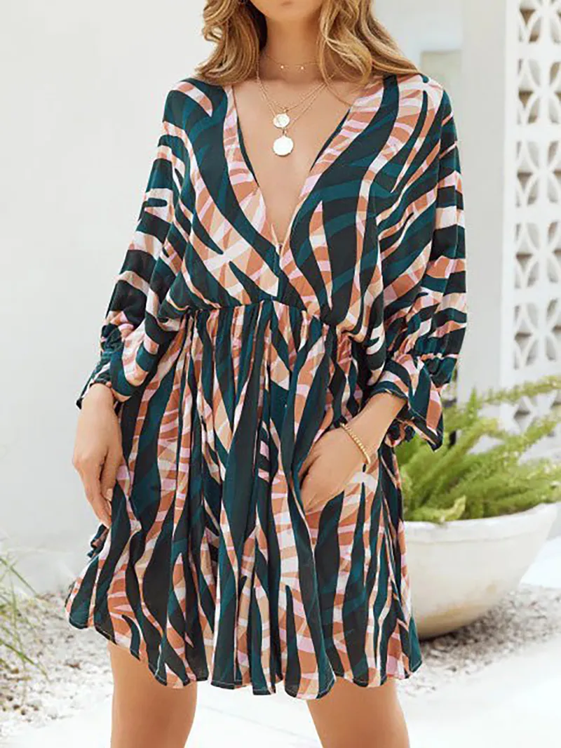 Stripe Print V-Neck Belted Long Sleeve Dress