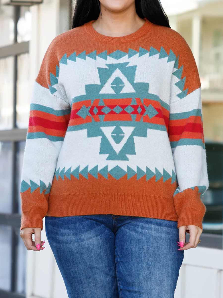 Geometric Contrast Pattern Loose Sweater