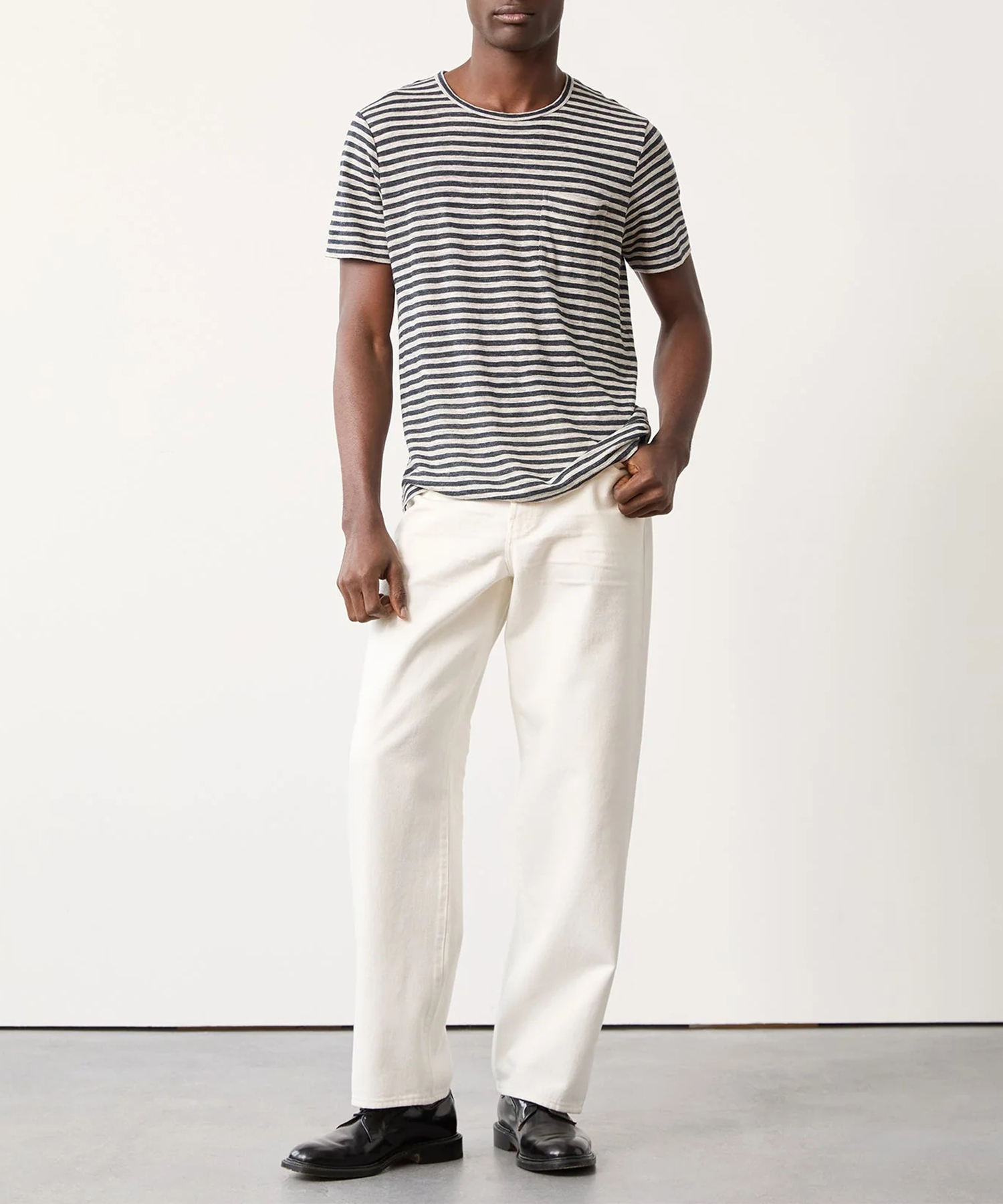 STRIPED LINEN JERSEY T-SHIRT IN CHARCOAL