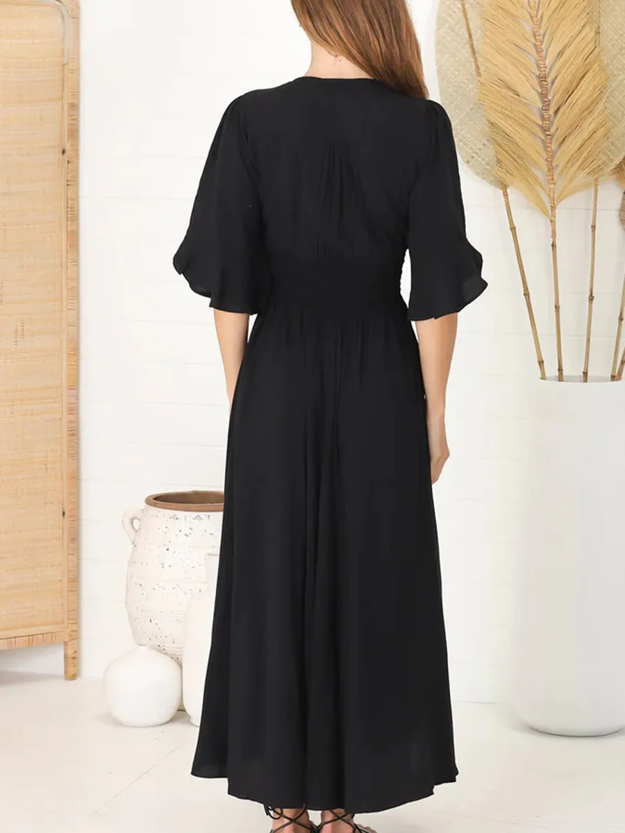 Black V-neck waist boho simple dress