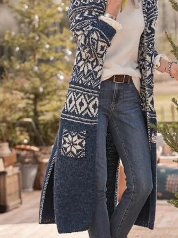 Women's vintage printed long knitted cardigan