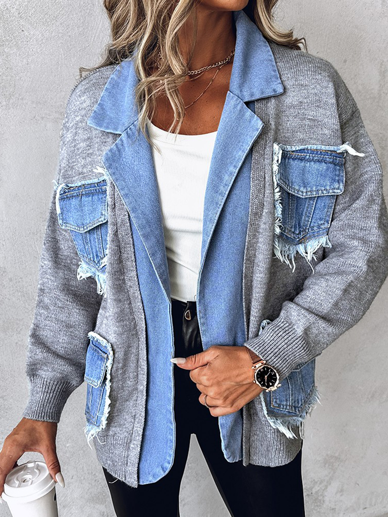 Casual knitted patchwork denim jacket