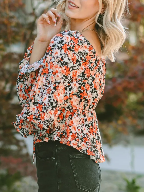 Flower pattern lace up casual top