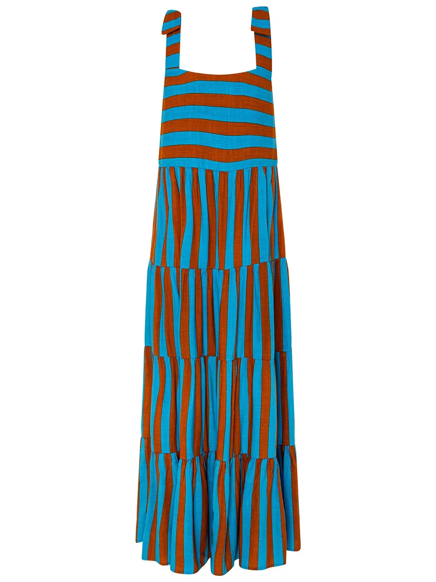 Women's printed holiday dress with straps and stripes
