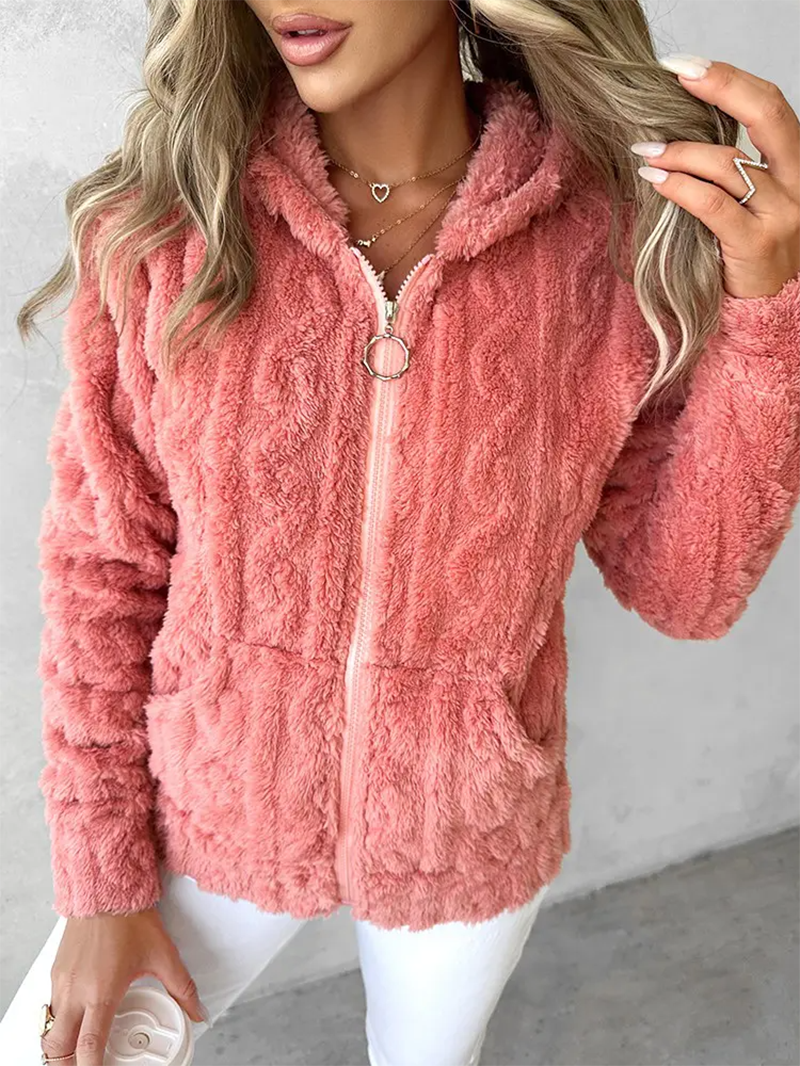 casual solid color plush hooded jacket
