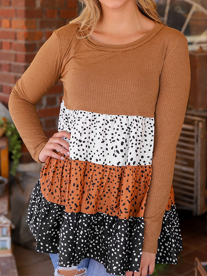 Brown round neck casual top with polka dot ruffle stitching