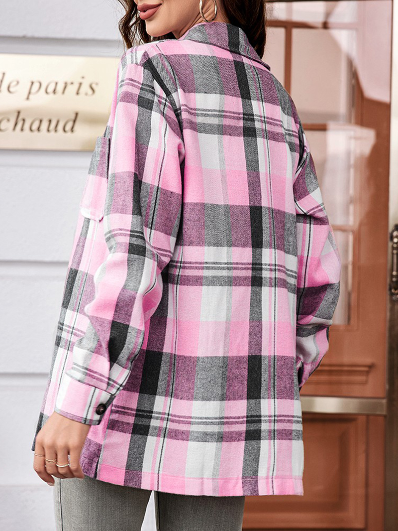 Casual Pink Plaid Single Breasted Long Sleeve Jacket